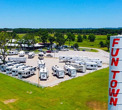 Aerial view of the Fun Town RV dealership lot
